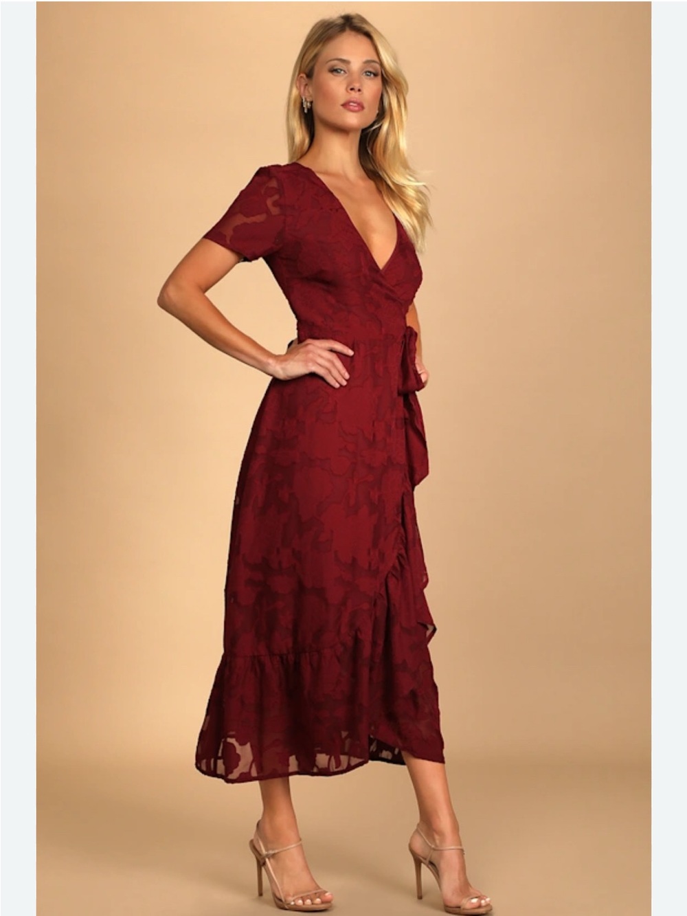 Blissfully Burgundy Jacquard Short Sleeve Wrap Midi Dress
